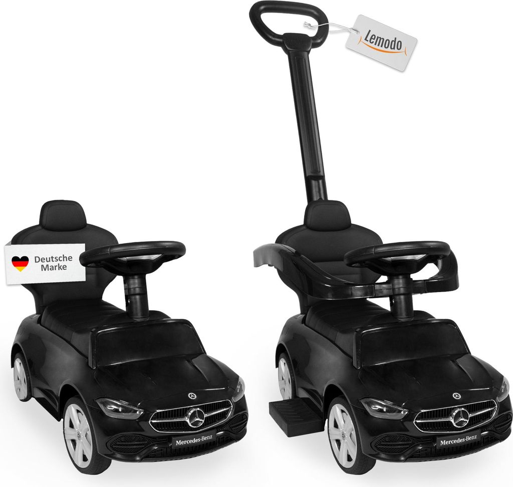 Rutscherauto Mercedes C Klasse schwarz mit Schiebestange, Kinderfahrzeug mit Sound Lenkrad