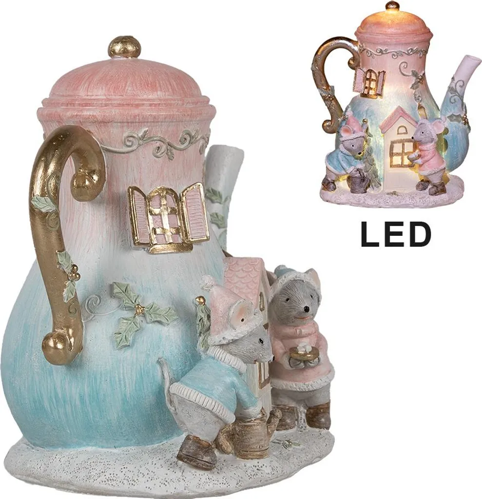 Maison Décorative Clayre & Eef Théière LED 15x12x16 cm Bleu Rose Souris