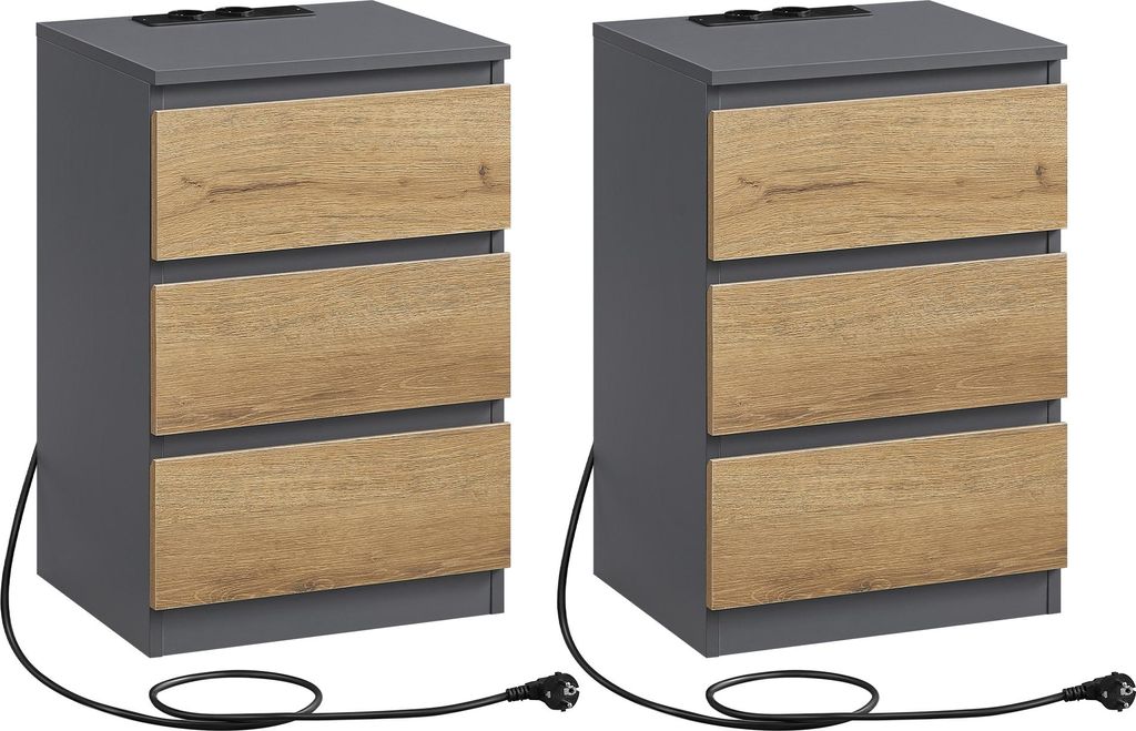 Two identical nightstands with drawers and visible power cords.