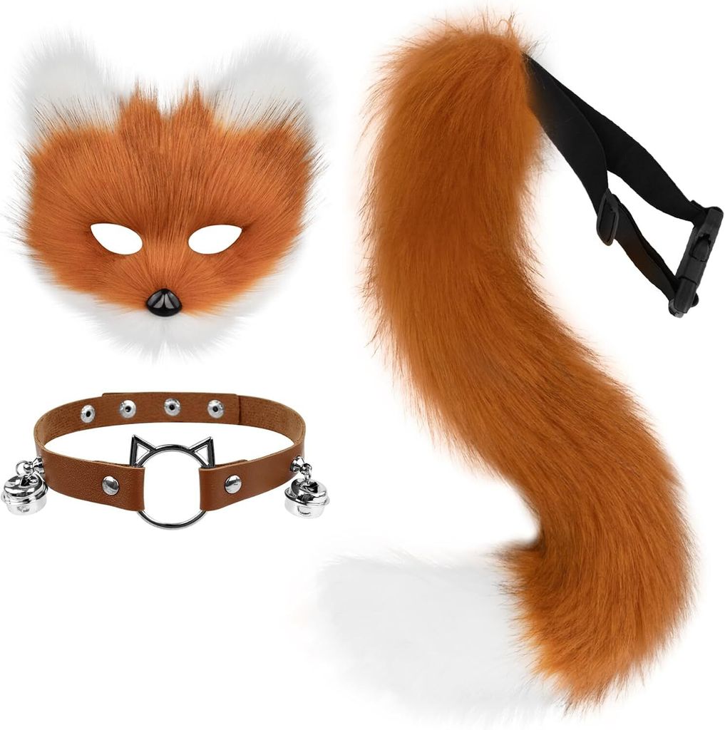 Kunstpelz Fuchs Maske Wolf Katze flauschiger Schwanz und Leder Halskette Set Halloween Party Cosplay Kostš¹m Accessoire