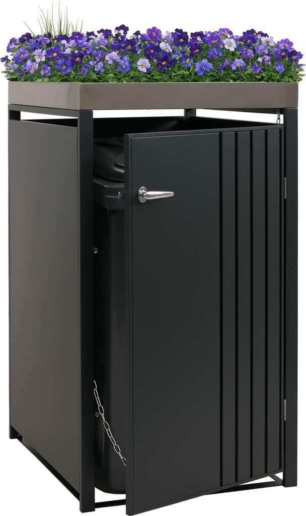1er-Mülltonnenverkleidung HWC-O67, Mülltonnenbox mit Pflanzkasten, Metall 125x68x84cm 35kg anthrazit