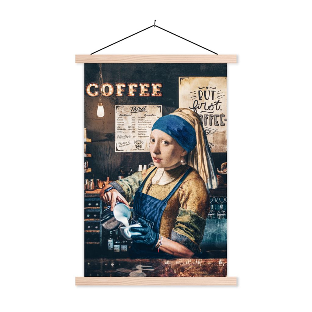 MuchoWow Textilposter Mädchen mit Perlenohrring - Bearbeitetes Gemälde - Barista - Vermeer - Kaffee - Cappuccino 120x180 cm mit holzfarbenen Ra...