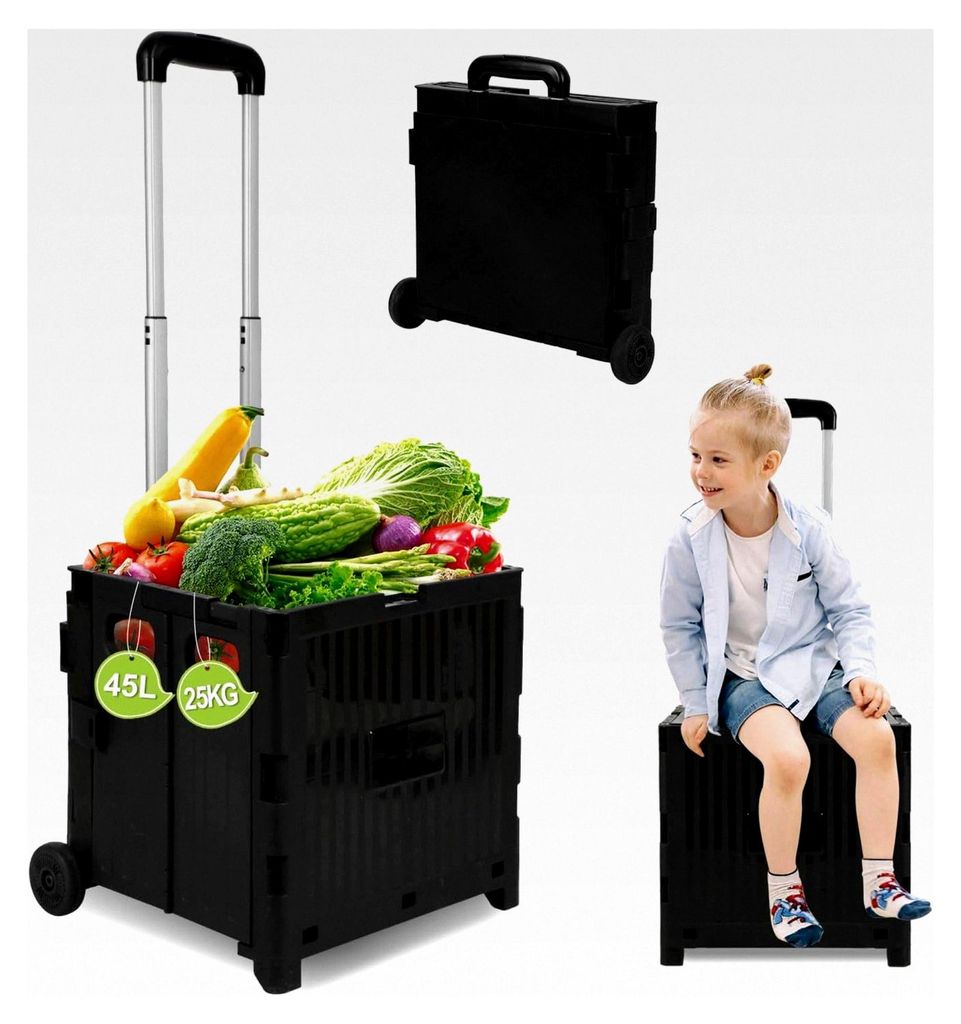 Klappbarer Einkaufswagen 45L mit Deckel, 2-Rad Trolley, Höhenverstellbarem Griff, 40kg Traglast, Faltbarer Transportwagen für Supermarkt, Camping...