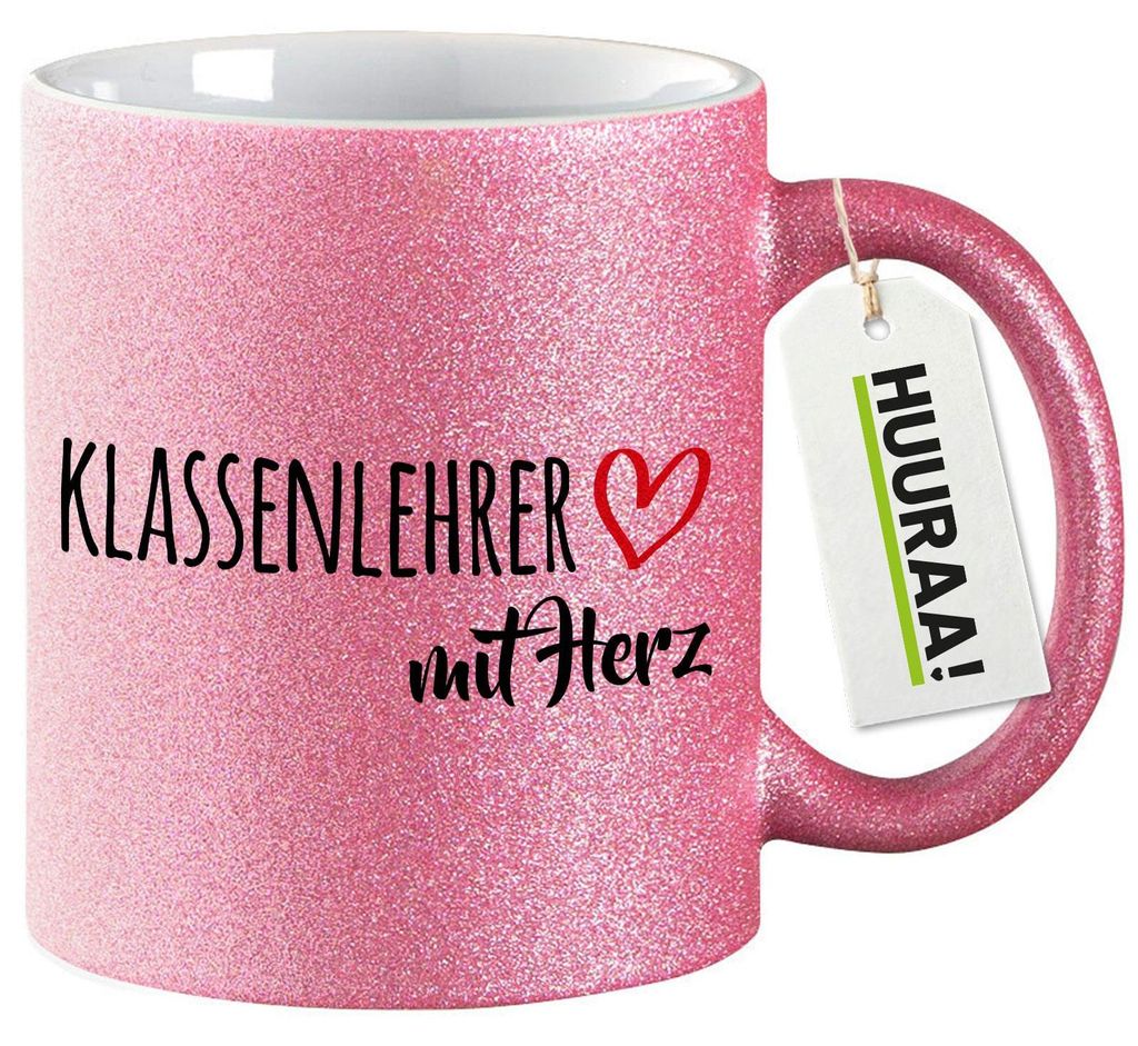 Huuraa Glitzertasse Klassenlehrer mit Herz 330ml Pink Keramik Kaffeebecher Geschenkidee