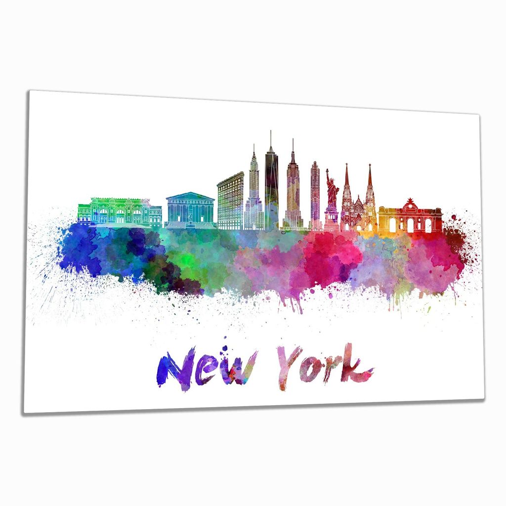 Wallario Herdabdeckplatte aus Glas, Größe 80 x 52 cm 1-teilig, Motiv Städte als Aquarell - Skyline von New York