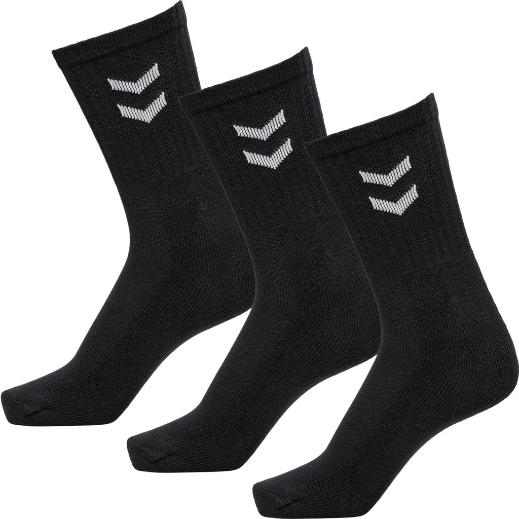 Three black socks with white logos are arranged diagonally on a white background.