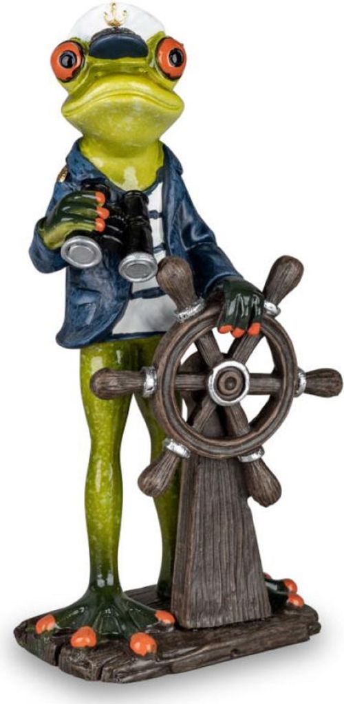 Figur eines Frosches, der als Seefahrer verkleidet ist. Figur ist detailreich und wirkt humorvoll.