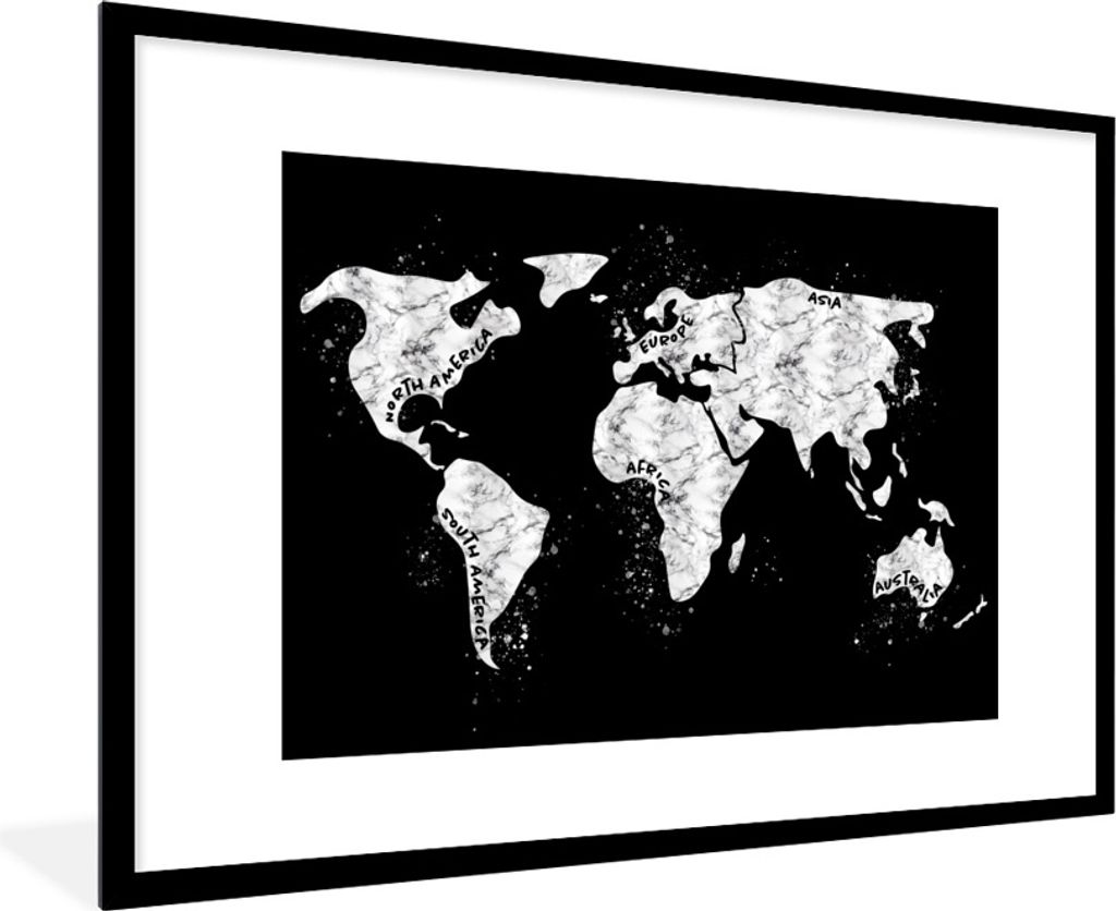 MuchoWow Gerahmtes Poster Karte - Marmor - Schwarz - Weiß 90x60 cm - Poster mit Schwarzem Bilderrahmen Wandposter Rahmen Foto Bilder - Wanddekor...