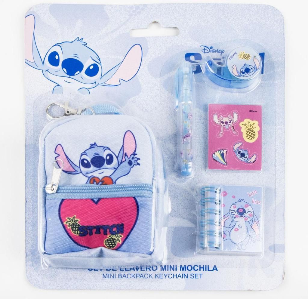 A retail package containing a Disney Stitch stationery mini-backpack keychain set.