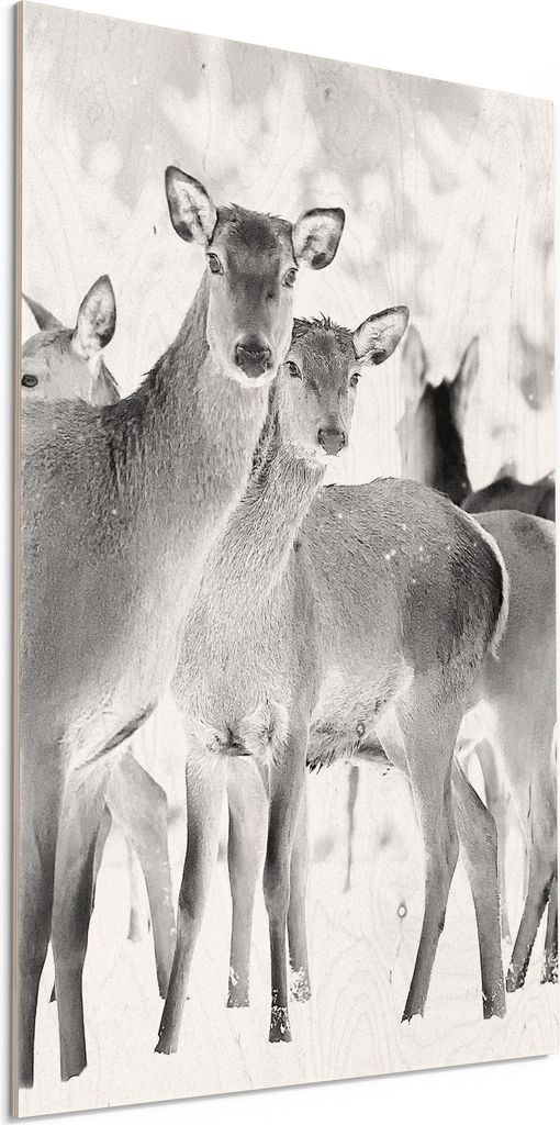 DEQORI Holzbild 40x60 cm 'Rehe im Winterwald' Bild auf Holz Wandbild Kunstdruck