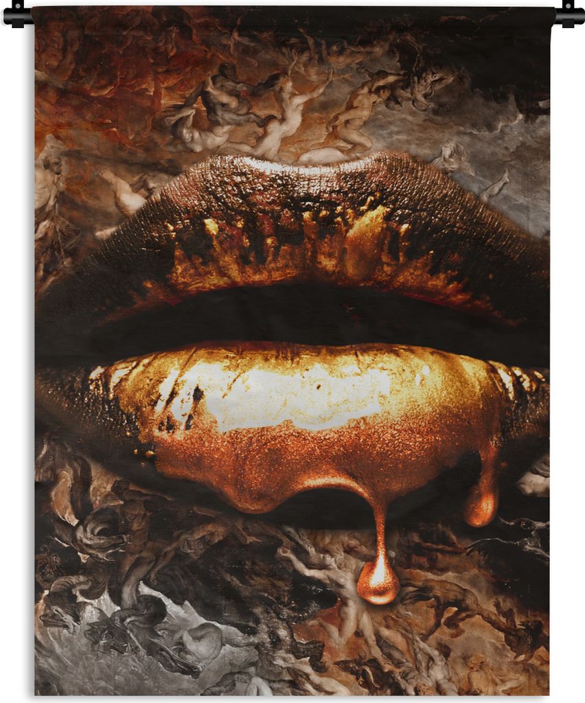 MuchoWow Wandteppich Wandbehang Gold - Lippen - Kunst - Gold - Luxus - Abstrakt 60x80 cm Tapisserie Dekoration Wandtuch - Decke - Wandtücher - W...