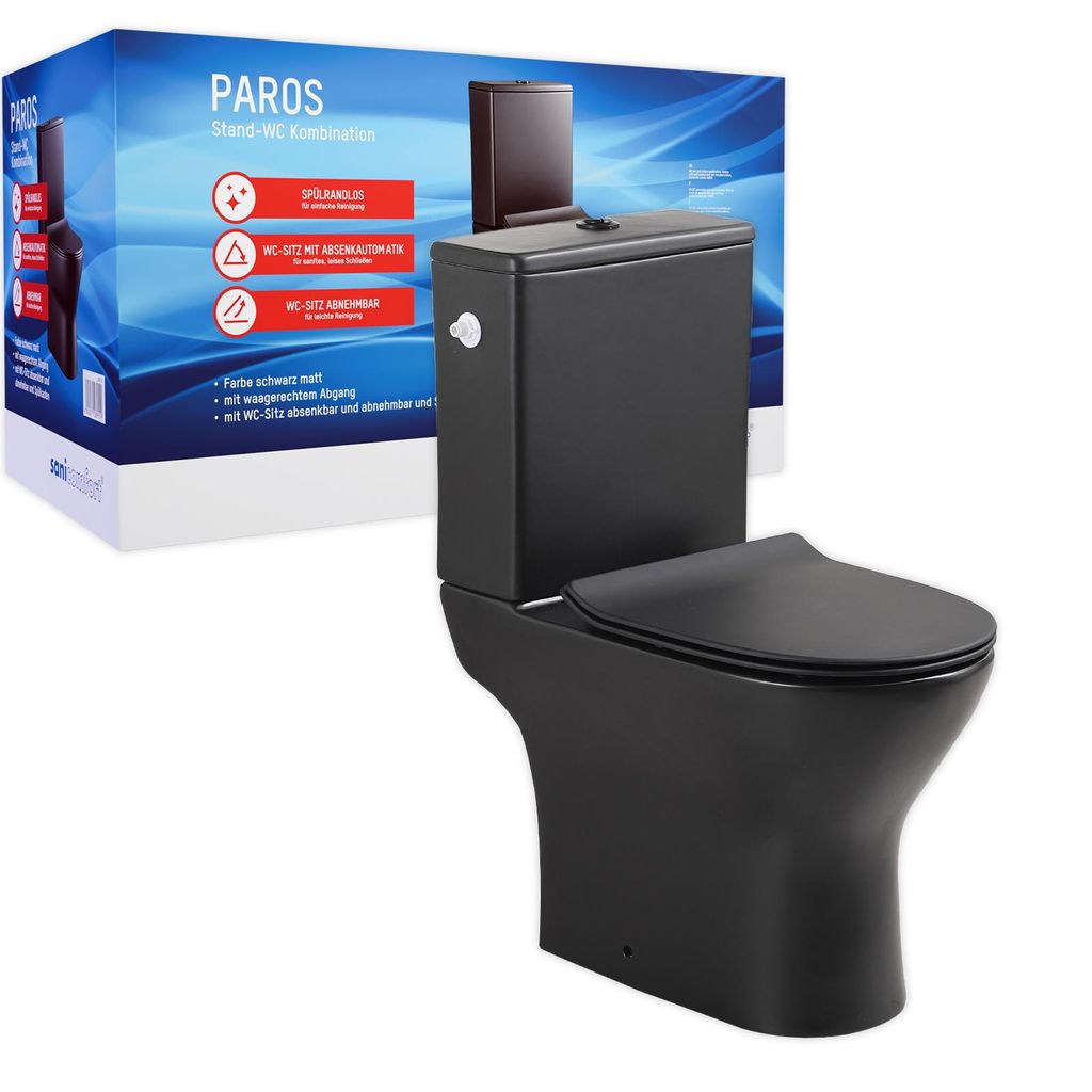 sanicomfort Stand-WC Kombination Paros spülrandlos mit Softclose WC-Sitz & Spülkasten schwarz | Tiefspüler mit waagerechtem Abgang