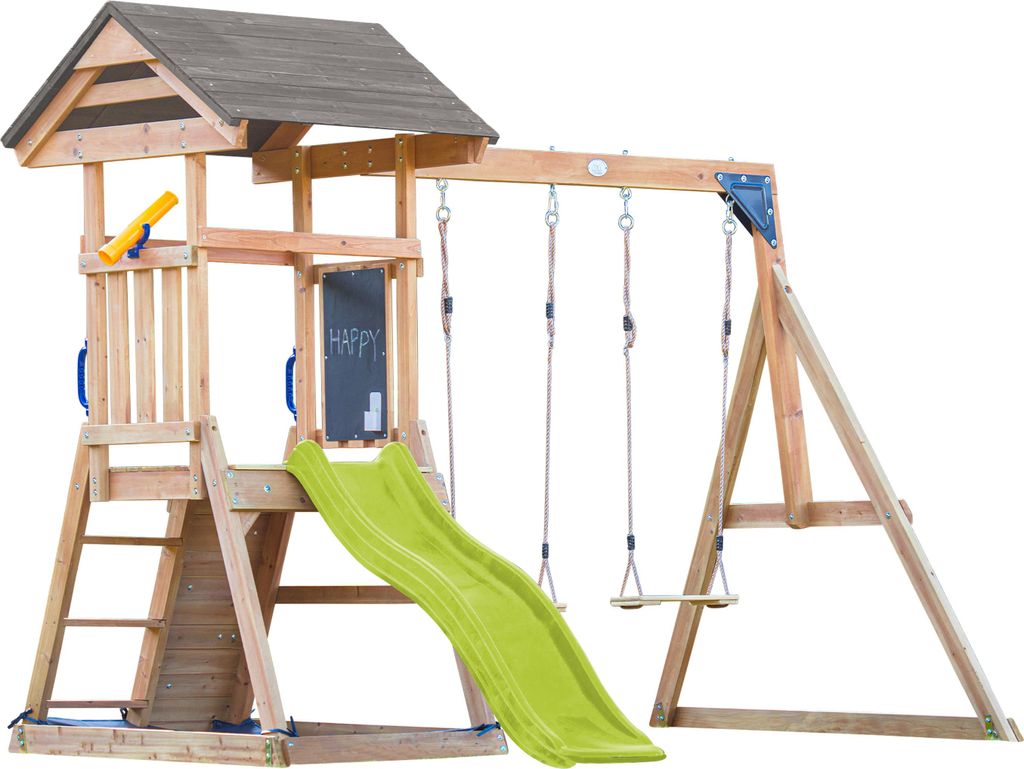 AXI Mia Spielturm aus Holz in Braun mit Doppelschaukel | Spielplatz für Kinder mit hellgrüner Rutsche, Schaukel, Kletterwand & Sandkasten | Stelz...
