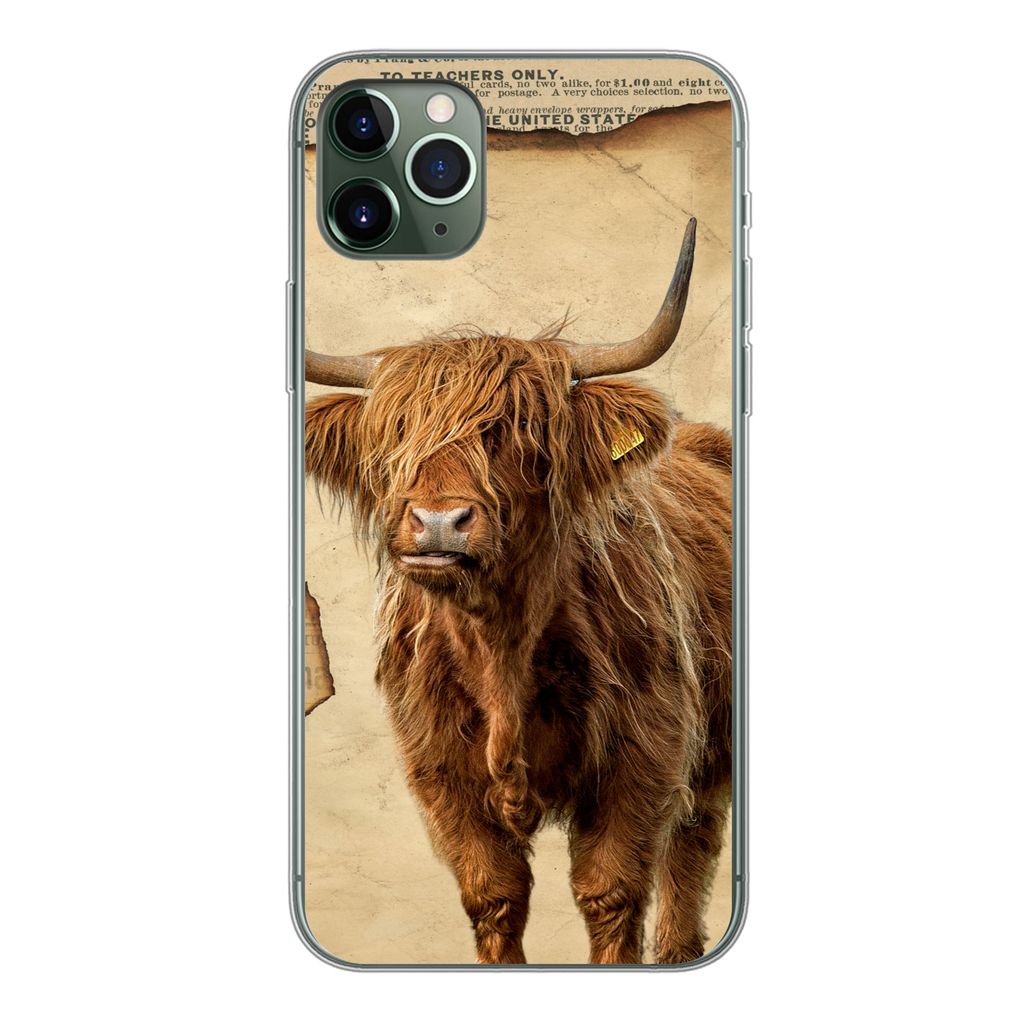 MuchoWow Handyhülle Schutzhülle Hülle für iPhone 11 Pro Max Schottischer Highlander - Retro - Zeitungsartikel Silikon Softcase Handy Hülle -...