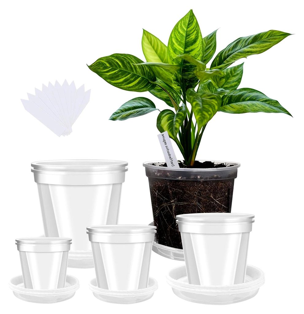Transparente Pflanztöpfe für Pflanzen, 10/12/15/18 cm, Kunststoff mit Abflusslöchern, 8er-Pack mit Tablett und 10 Pflanzenetiketten
