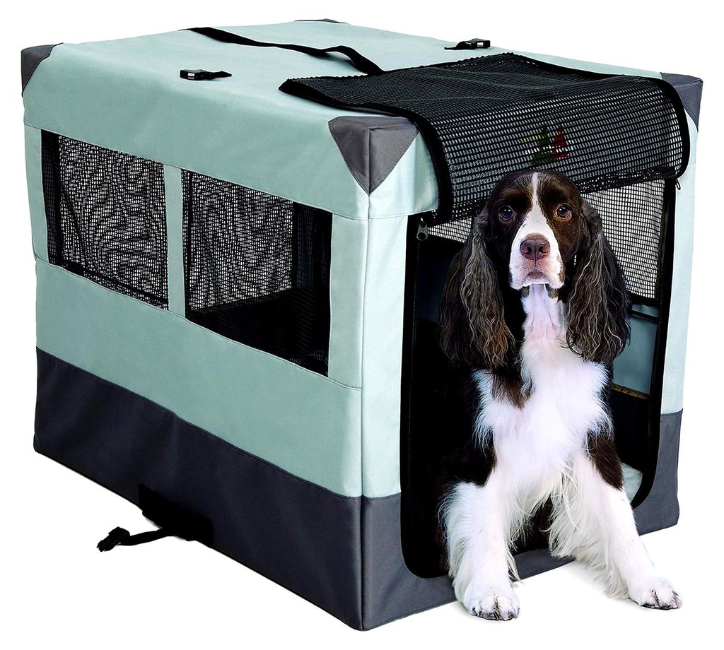 Tragbare Zeltbox für Hunde, 91 cm, mit weichen Seiten, klappbarem Rahmen, Netzfenstern, Reißverschluss-Tür und wasserabweisend, inklusive Kissen