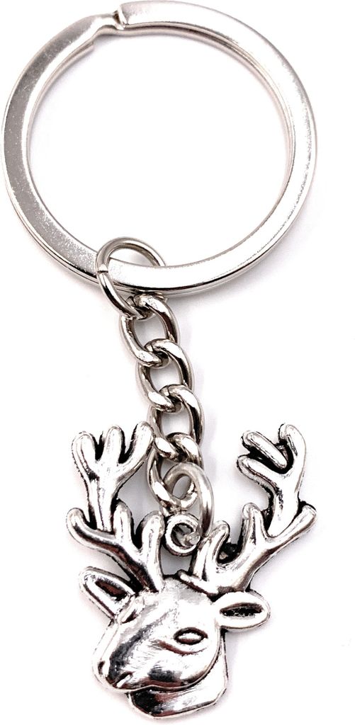 Onwomania Schlüsselanhänger Keychain Silber Metall Hirsch kopf Reh Elch Geweih Trophäe