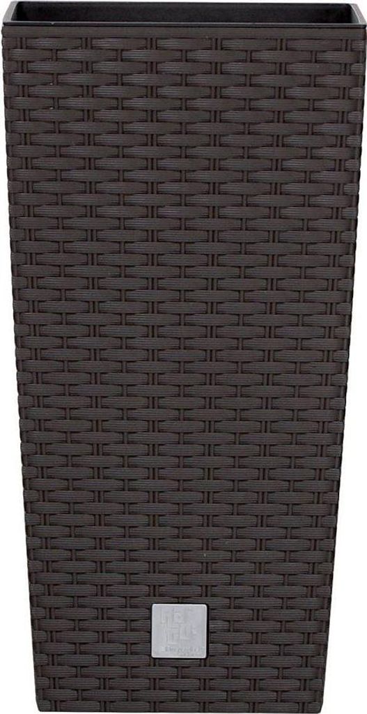 A tall, dark brown planter with a woven texture and a small silver square detail near the bottom.