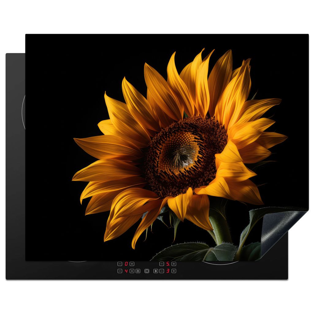 KitchenYeah Herdabdeckplatte Blumen - Botanisch - Schwarz - Sonnenblume , 65x52cm, Küche Deko, Glaskeramikkochfeld Herdabdeckung, Abdeckplatte f...