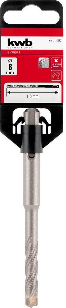 kwb HB4X SDS Plus Hammerbohrer, 110 mm, Ø 8 mm (Hartmetall-Platte, Vier Schneiden, Zentrierspitze, Vierfach-Plus-Spirale, Werkzeugstahl, SDS Plus)