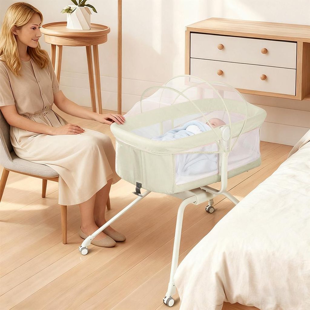 2 in 1 Beistellbett Baby mit Matratze,Faltbares Co-Sleeper,Reisebett Babybett,Stubenwagen,Babywiege für 0-12 Monate Hause und Reisen 94x70x80cm Beige
