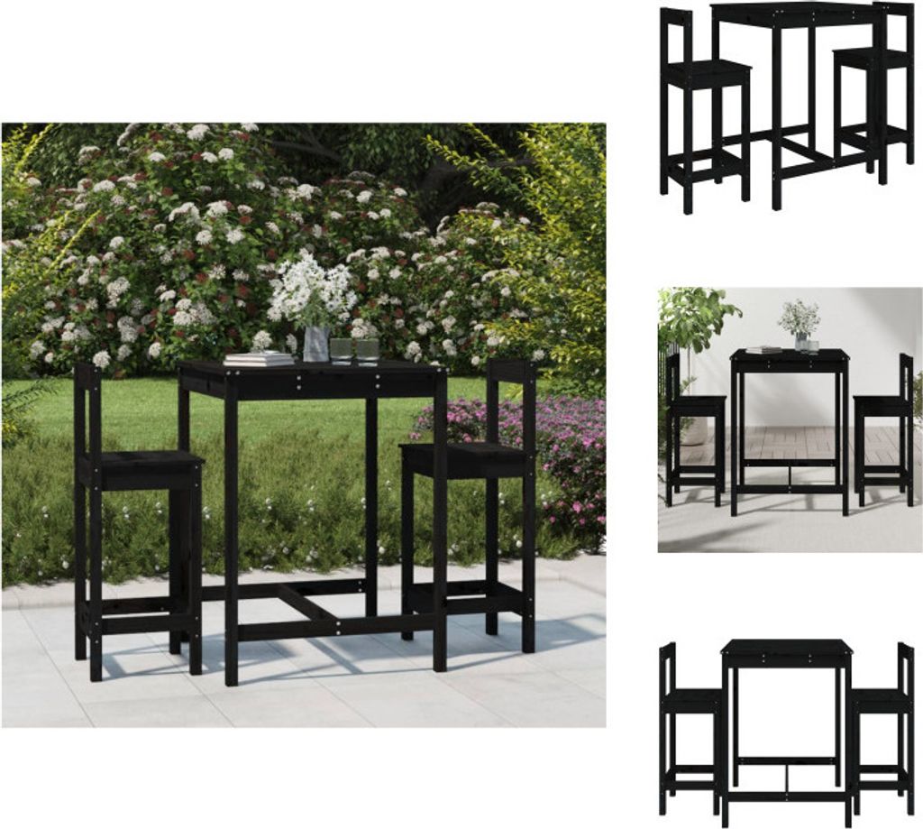 vidaXL 3-tlg. Gartenbar-Set Schwarz Massivholz Kiefer - Gartenmöbel-Sets