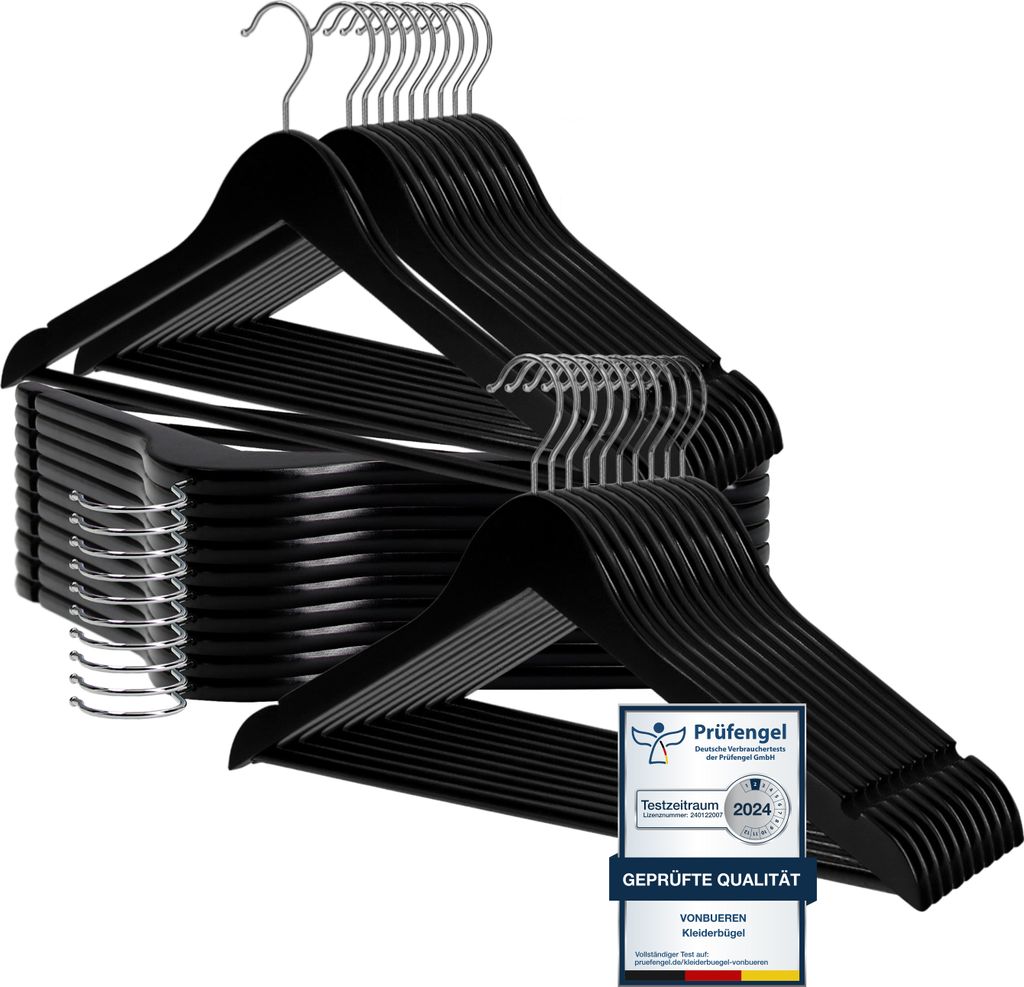 VonBueren 30 x Kleiderbügel Holz schwarz | 44,5 x 22 cm je Bügel/Holzbügel | Holzkleiderbügel schwarz | 360 Grad drehbar