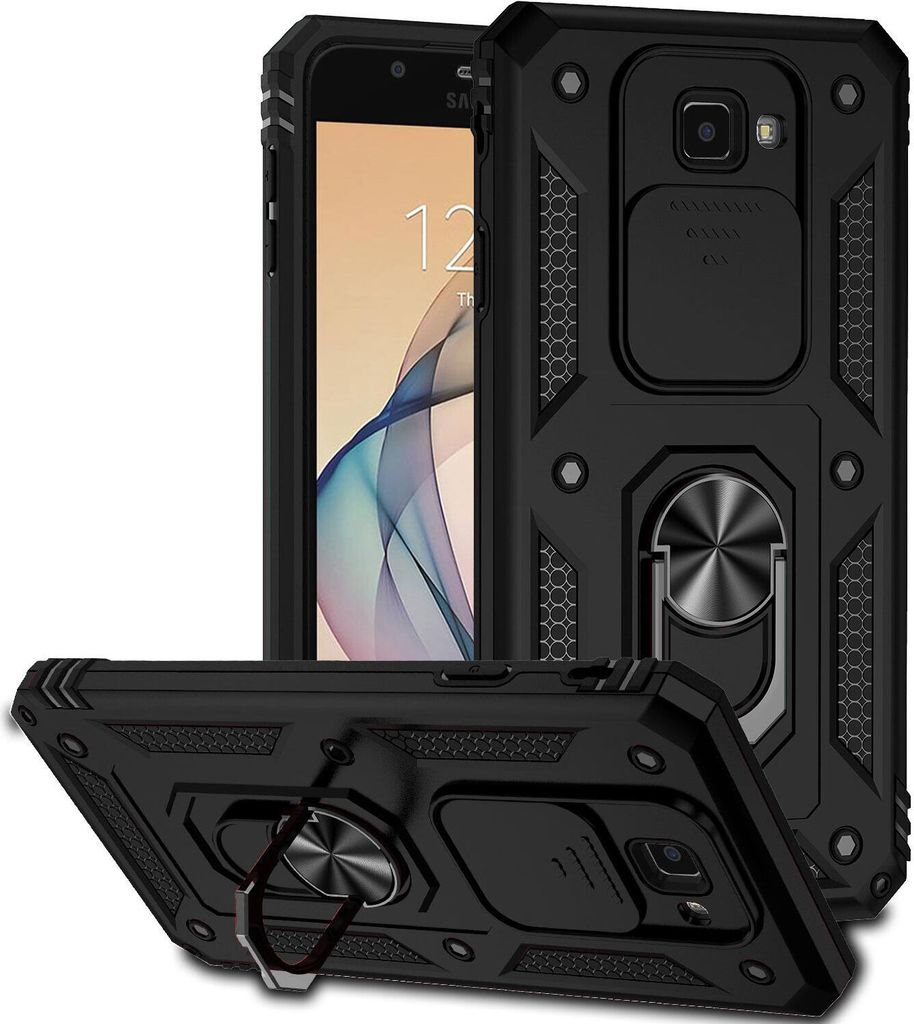 Galaxy J7 Prime Hülle mit Schiebe Kamera Schutz und Ringhalter Ständer Robust Rüstung Schutzhülle für Samsung Galaxy J7 Prime Schwarz