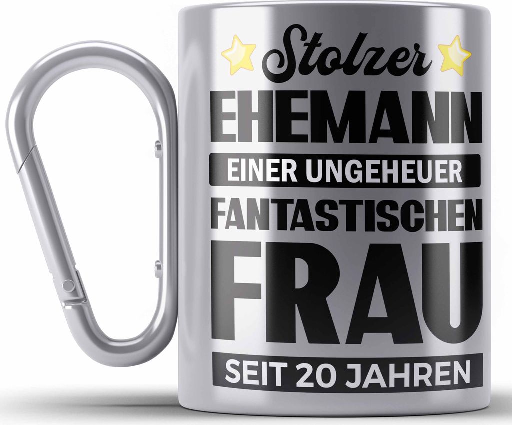 Trendation - Edelstahl Tasse Karabiner 20 Jahre Verheiratet Geschenk Ehemann Lustiger Spruch 20. Hochzeitstag (Silber)
