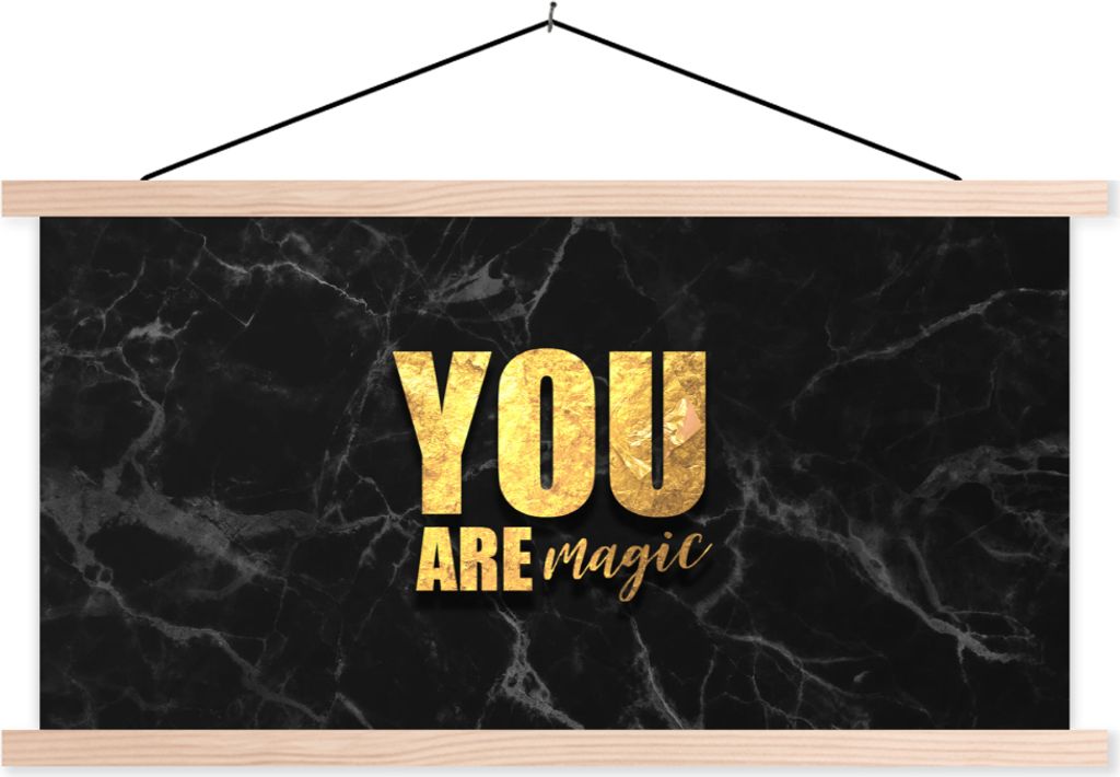 MuchoWow Textilposter Zitate - Magie - Gold - Marmor 120x60 cm mit holzfarbenen Rahmen - Klemmleiste