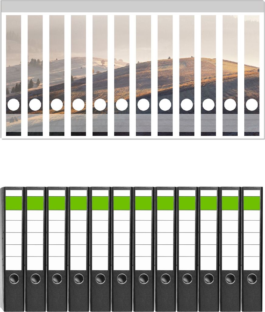 Wallario 12 Stück schmale Ordner inkl. Klebeetiketten mit Motive Herbstliche Felder bei Sonnenaufgang - Set mit Rückenschildern / Ordnerrücken ...