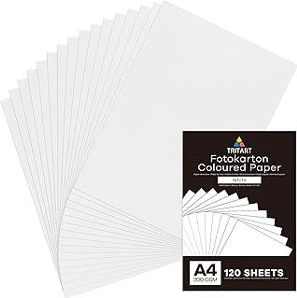 Tritart Fotokarton A4 Weiß 300 g/m² - 120 Blatt Kartonpapier - Tonkarton Bastelpapier - Papier zum Basteln und Malen - Dickes Druckerpapier Kraft...