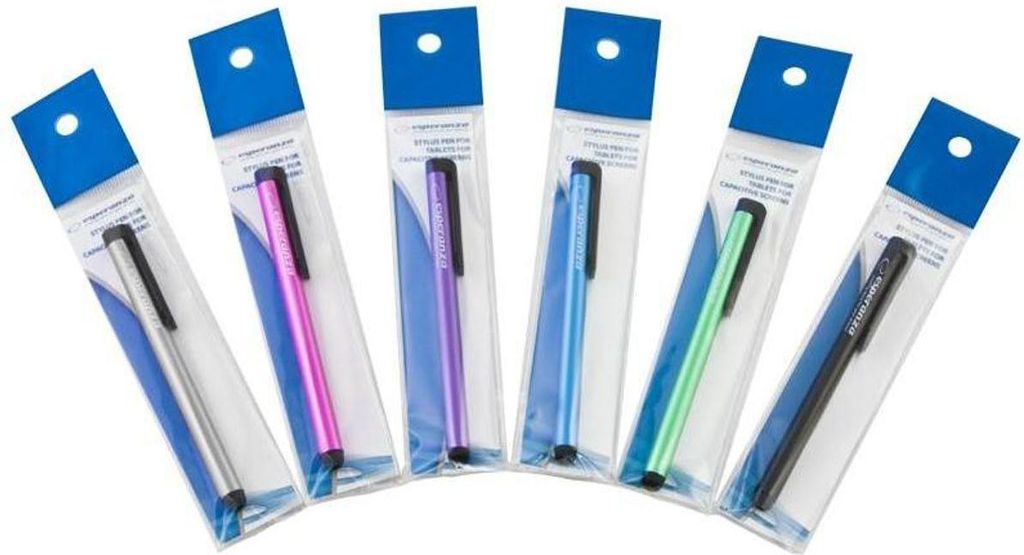 Six stylus pens in individual packaging, arranged diagonally.