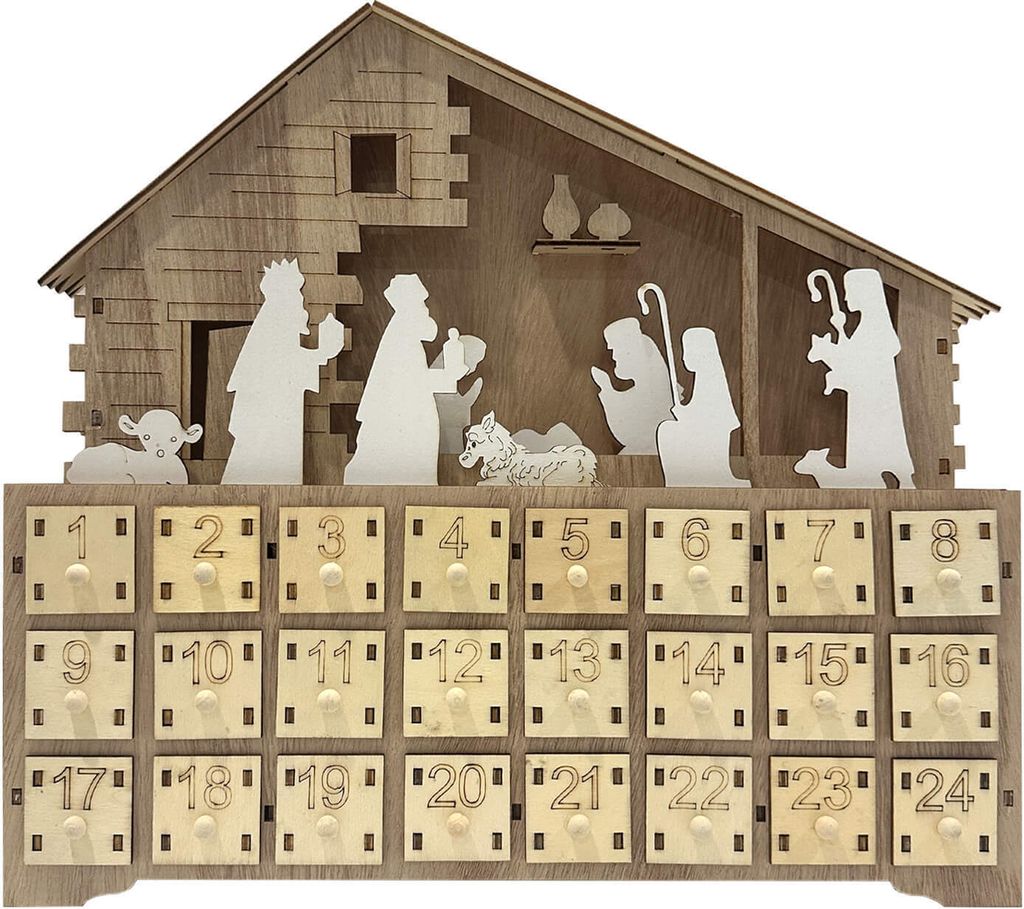 Rebecca Mobili Brauner Adventskalender in Hausform mit 24 Schubladen und Lichtern