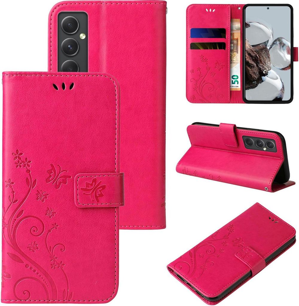 A collage of images showing a pink flip phone case with floral and butterfly designs.