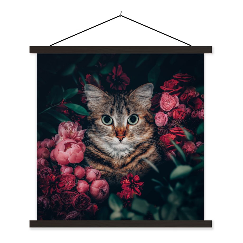 MuchoWow Textilposter Katze - Blumen - Tiere - Botanisch 60x60 cm mit schwarzem Rahmen - Posteraufhänger