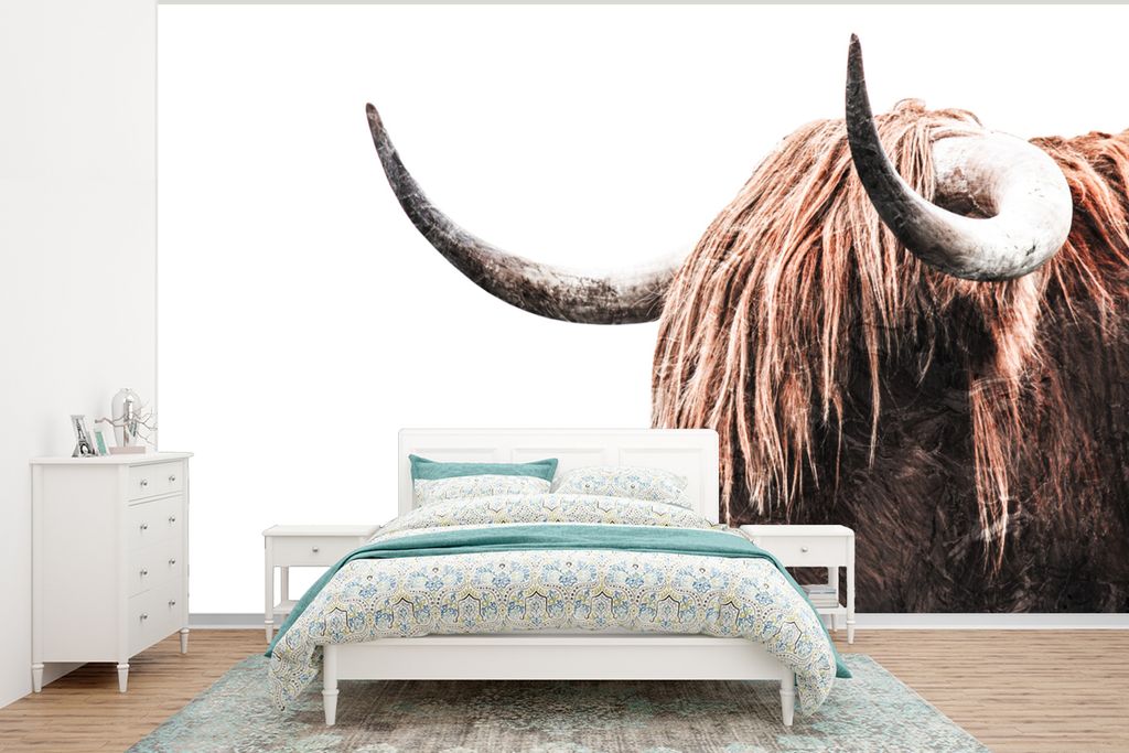 MuchoWow Fototapete für Wohnzimmer oder Schlafzimmer Wandtapete Vinyl Motivtapete Schottischer Highlander - Kuh - Hoorn - 400x300 cm - Papiertap...