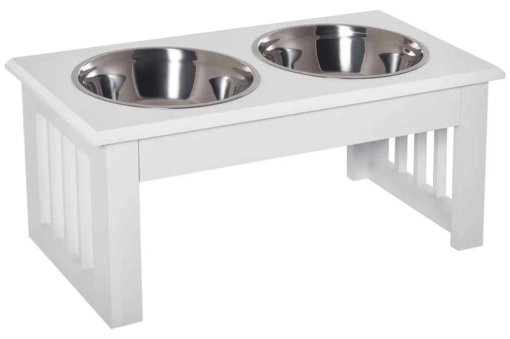 Support de gamelles en bois blanc 15cm de haut avec 2 écuelles en acier