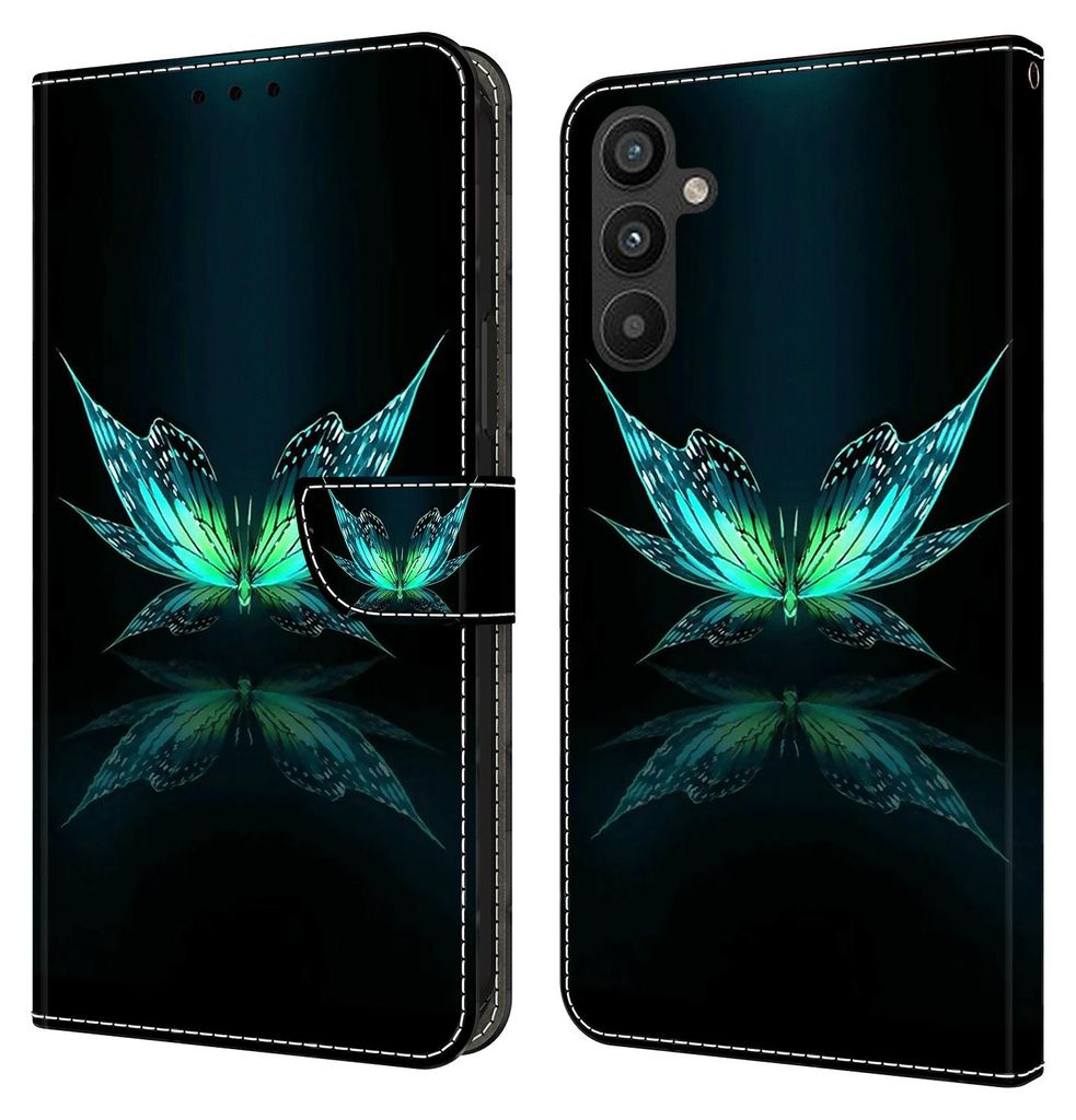 CLM-Tech Hülle kompatibel mit Samsung Galaxy A34 5G - Tasche aus Kunstleder - Klapphülle mit Ständer und Kartenfächern, schwarz türkiser Schme...