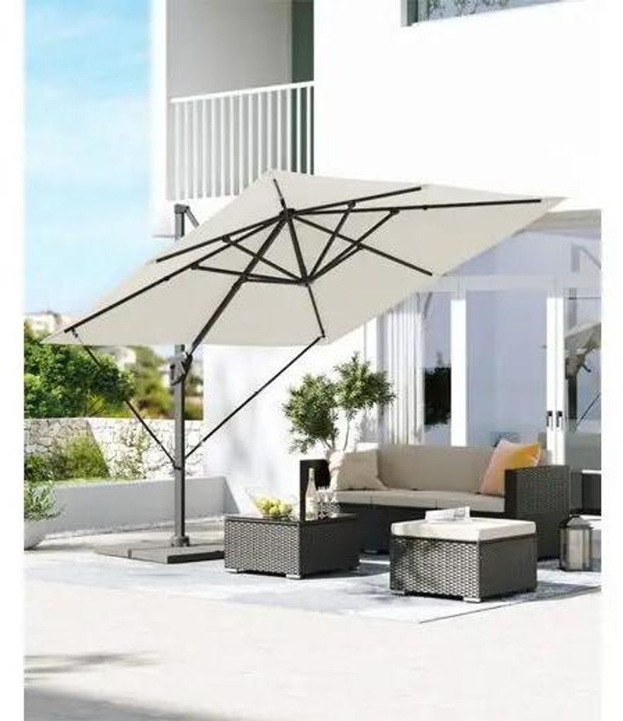 Garten Sonnenschirm - Ampelschirm - Quadratisch 290x290 cm - UPF 50+ - 360° drehbar - Mit Ständer & Befestigungsgurten - Hellgrau