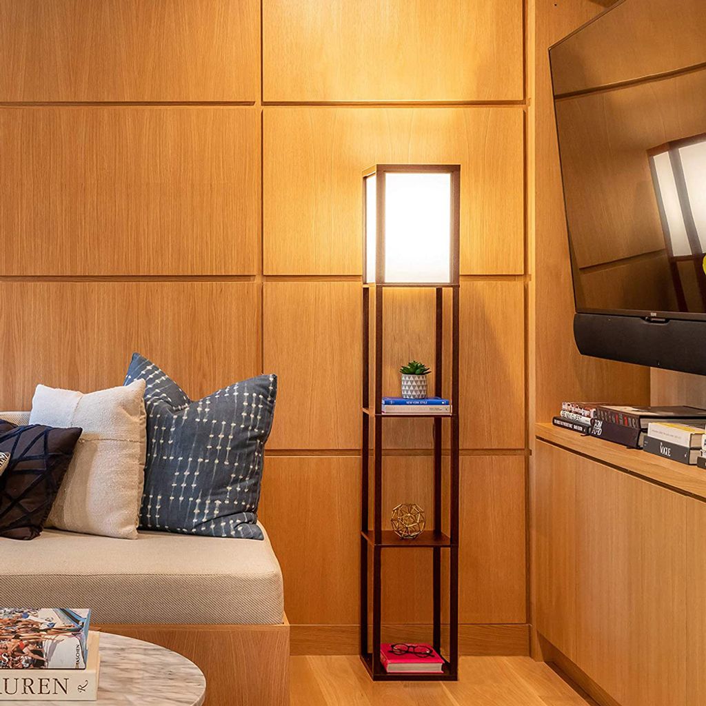 COSTWAY Stehlampe Mit 3 Regalen - LED Regallampe Mit Fußschalter Modern