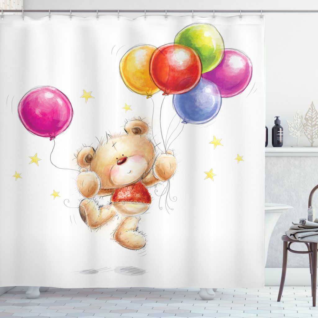 ABAKUHAUS Bunt Duschvorhang, Teddybär mit Baloon, Wasser Blickdicht inkl.12 Ringe Langhaltig Bakterie und Schimmel Resistent, 175 x 200 cm, Mehrfa...