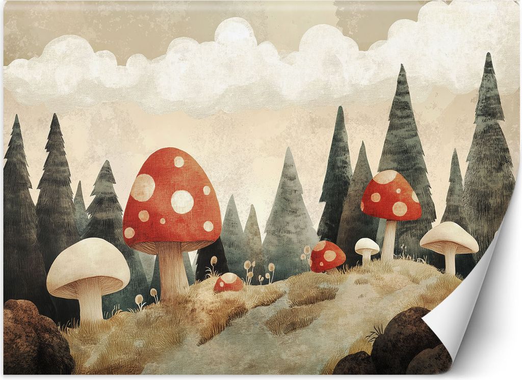 Vlies fototapete für kinder Pilze Waldbäume Natur Beige 450x315 cm Feeby Beige inkl. Kleber einfache Montage