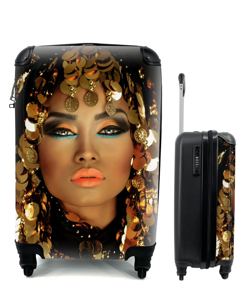 MuchoWow Koffer Handgepäck Trolley Rollkoffer Kleine Reisekoffer mit 4 Rollen - Frau - Kleopatra - Gold - Schmuck - Make-up - Luxus - Cabin Size...