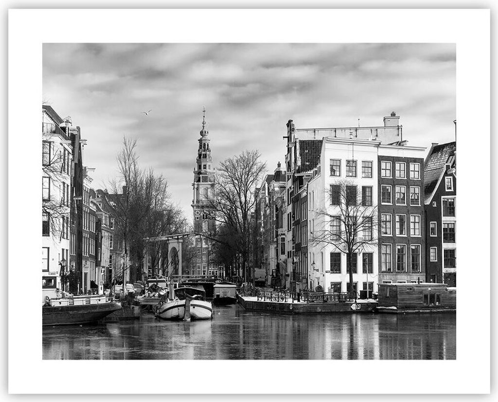 Poster - Poster ohne Rahmen - Schwarzweiß Amsterdam Boote - 50x40 cm - Wand Bild - Wanddeko - Wandbilder - Kunstposter - Wandposter - Bilder - Kun...