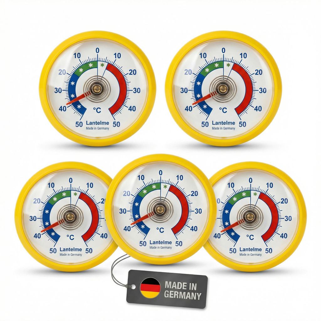 5 Stück Kühlschrankthermometer Set Selbstklebend Temperatur + - 50°C Analog Thermometer Gelb auch für Gefrierschrank Eisfach Kühltheke Kühlsc...