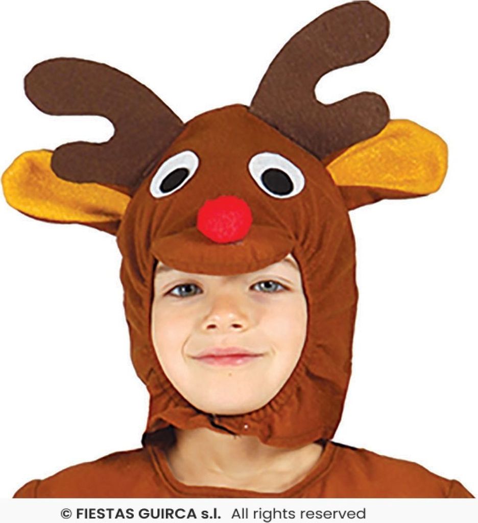 A child wearing a reindeer costume, facing forward.