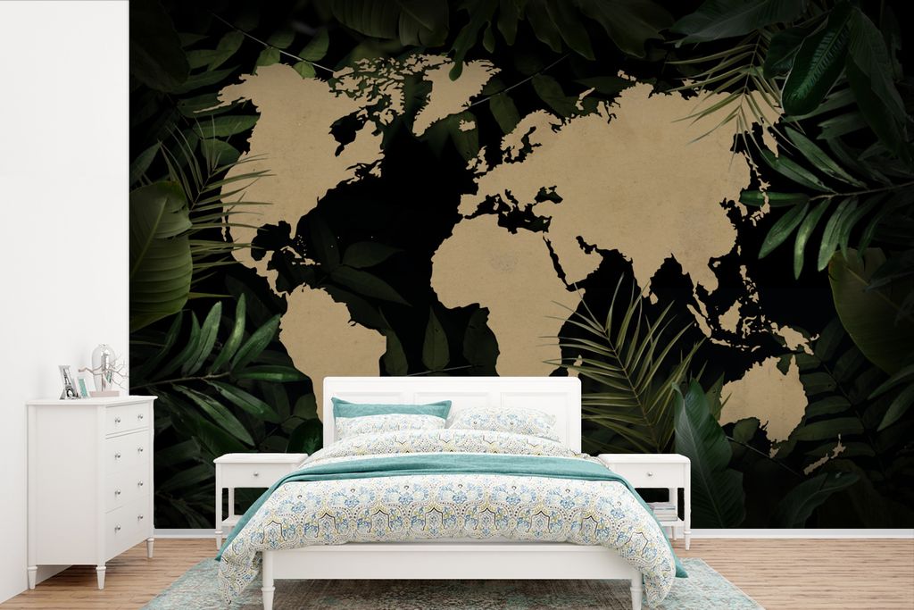 MuchoWow Fototapete für Wohnzimmer oder Schlafzimmer Wandtapete Vinyl Motivtapete Weltkarte - Braun - Pflanzen - 360x240 cm - Vinyl-Tapete