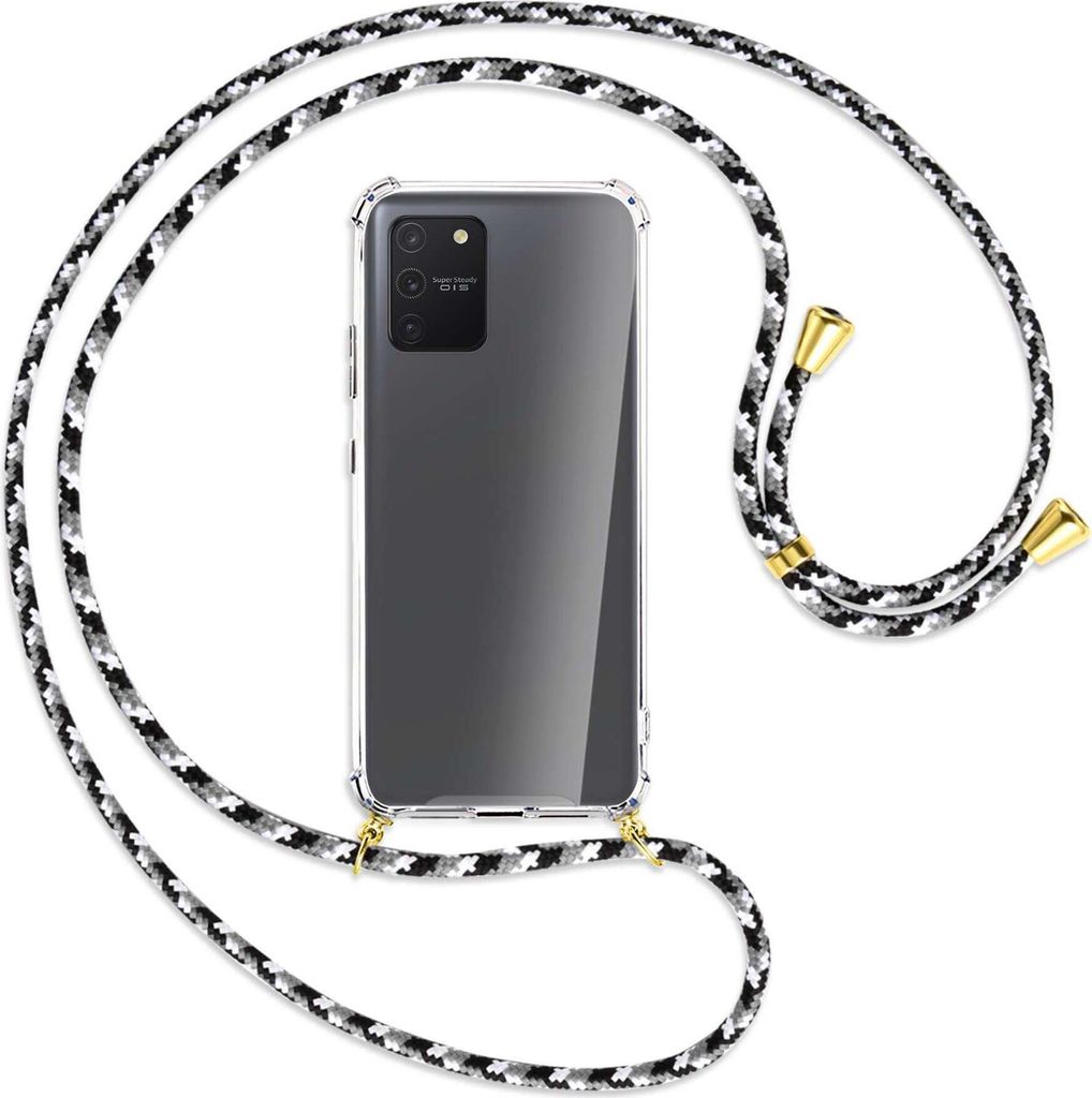 Handykette Backcover-Schutzhülle mit Band (Metall goldfarben) für Samsung Galaxy S10 Lite - schwarz/grau/weiß