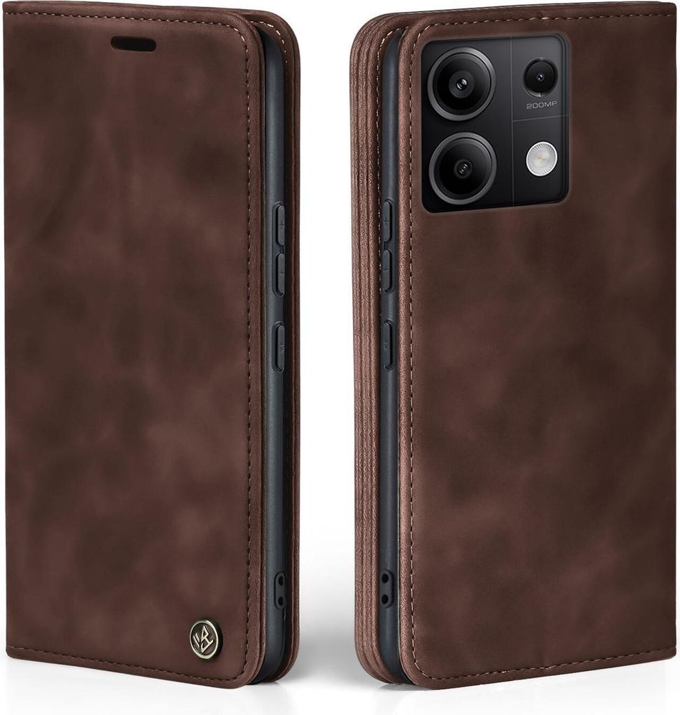 Two views of a brown leather flip case for a smartphone, showing the front and back.